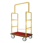 Metal luggage cart with red base and four wheels for hotel or hospitality industry.