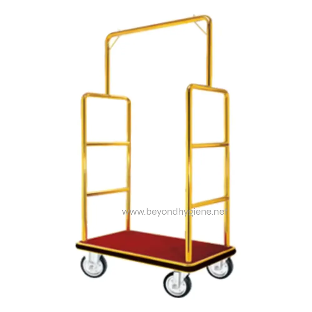 UGA-HM7505-SS Metal luggage cart with red base and four wheels for hotel or hospitality industry.