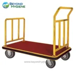 Lifting platform trolley with red non-slip surface and yellow guardrails for logistics and cleaning services in Asia.