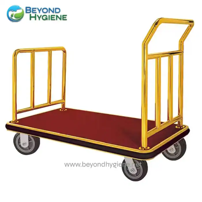 Lifting platform trolley with red non-slip surface and yellow guardrails for logistics and cleaning services in Asia.