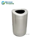 Trash bin with foot pedal for hygienic waste disposal in public spaces.