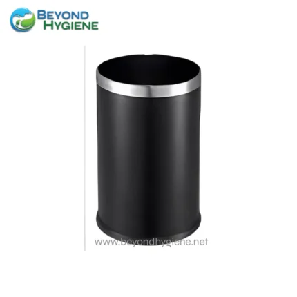 Black stainless steel trash bin for hygiene and waste management.