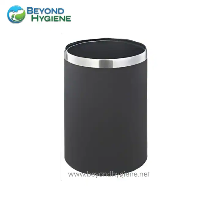 Stainless steel trash bin with black body, sleek and modern design, ideal for commercial and hygienic waste disposal in Asian sanitation facilities.