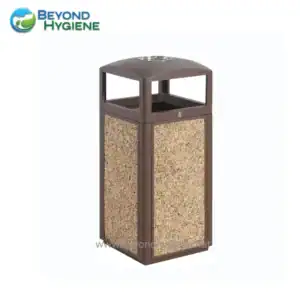 Recycling bin with decorative gravel panels for waste management in eco-friendly environments.