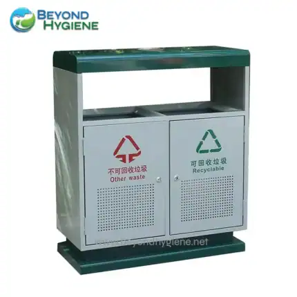 Plastic double bin recycling and waste disposal station with labeled compartments for recyclable and non-recyclable waste, designed for public hygiene and waste management in Asia.