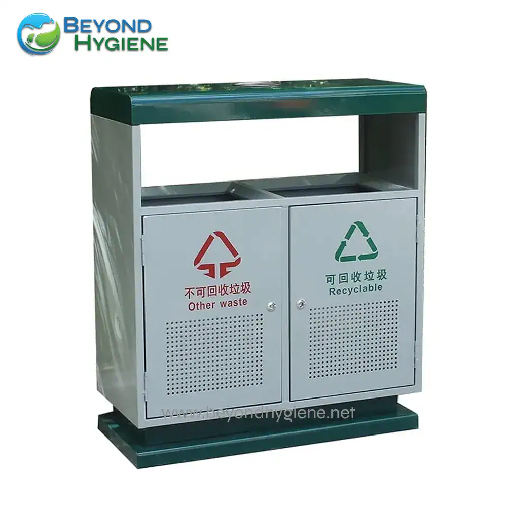 UGA-HM94150 Plastic double bin recycling and waste disposal station with labeled compartments for recyclable and non-recyclable waste, designed for public hygiene and waste management in Asia.