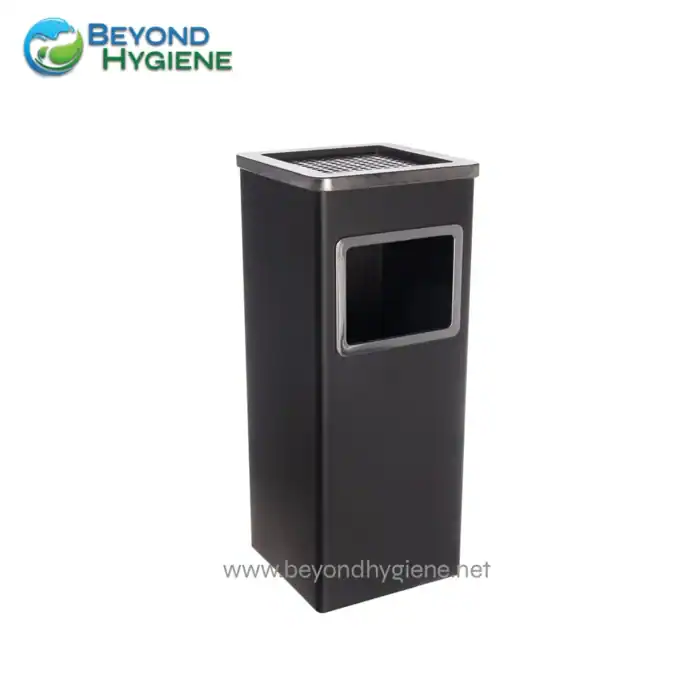 Waste disposal trash bin for hygiene and sanitation; sleek black design with touchless operation ideal for public restrooms and commercial spaces.