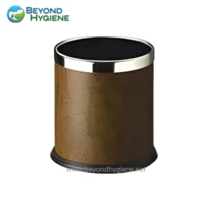 Dustbin with a wooden finish for hygienic waste disposal in commercial and industrial spaces, emphasizing durability and modern design.