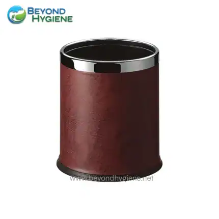 Metallic brown trash can with black rim for office or restroom waste disposal, stylish sanitary bin designed by Beyond Hygiene Asia.