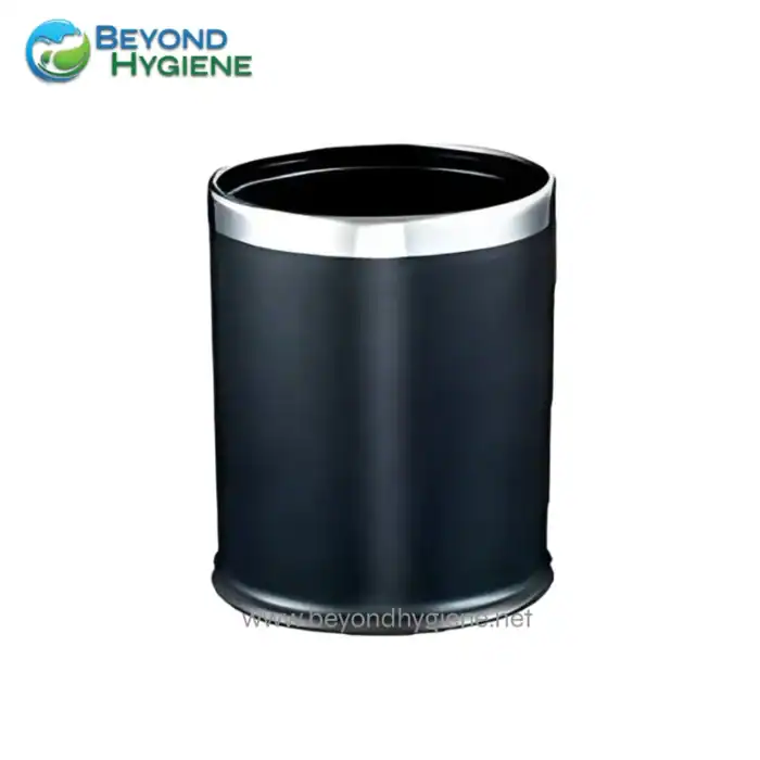 Black stainless steel trash bin for hygienic waste disposal, ideal for commercial and public spaces in Asia. Durable and easy to clean, enhancing hygiene standards.