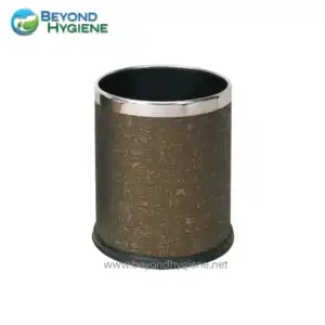 Trash can with Egyptian hieroglyphics design, stainless steel with black interior, ideal for hygiene and sanitation solutions in Asian markets for modern waste management.