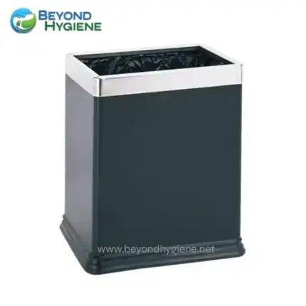 Empty stainless steel waste bin with black liner for commercial or industrial hygiene use. Suitable for sanitary and professional cleaning environments.