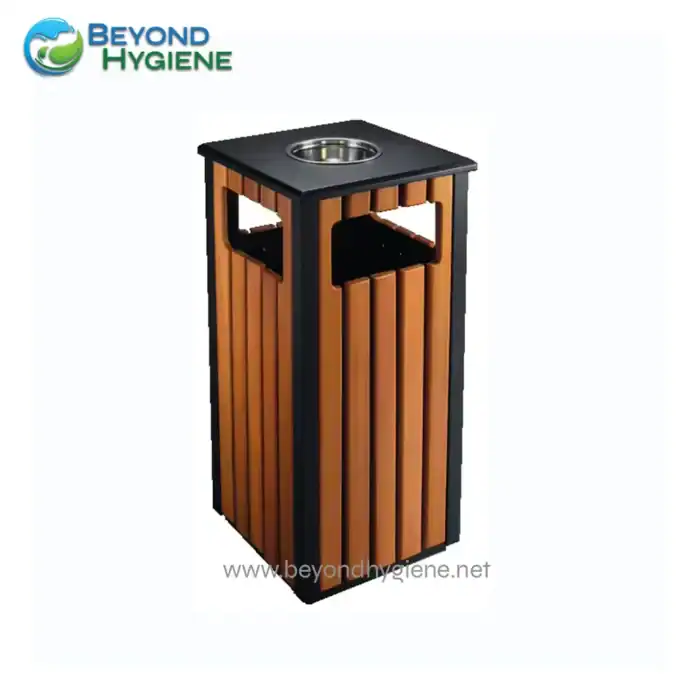 Waste bin with ashtray for public indoor and outdoor spaces, high-quality wooden finish, designed for hygiene and cleanliness, ideal for commercial settings in Asia.