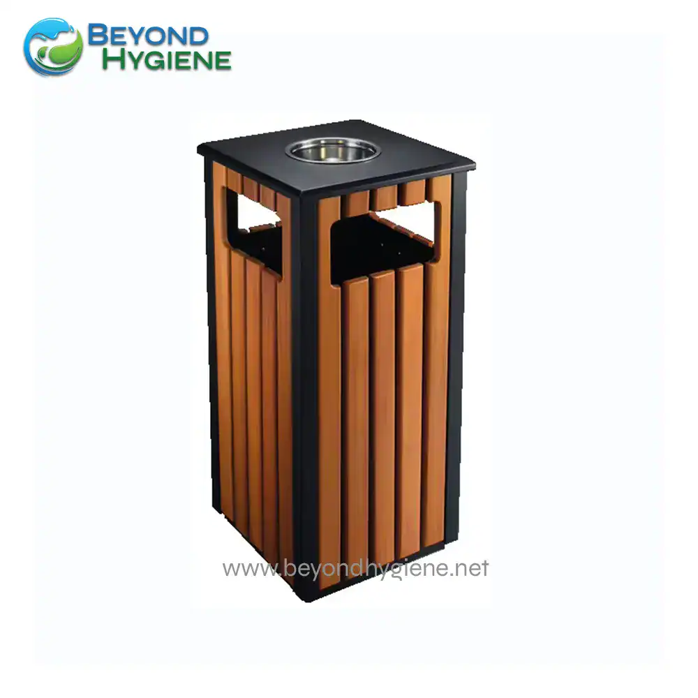 UGA-HM9494 Waste bin with ashtray for public indoor and outdoor spaces, high-quality wooden finish, designed for hygiene and cleanliness, ideal for commercial settings in Asia.