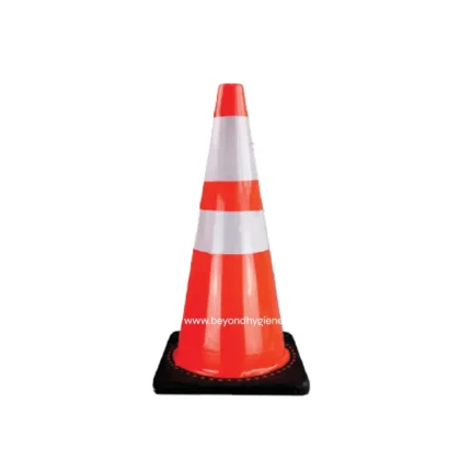 Warning cone for safety and traffic control, used in construction zones or maintenance areas.