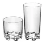 Clear drinking glasses on a plain background, showcasing product quality and design.