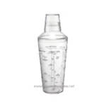Clear plastic measuring container used in hygiene and cleaning processes, ideal for accurate liquid measurement in sanitation services.