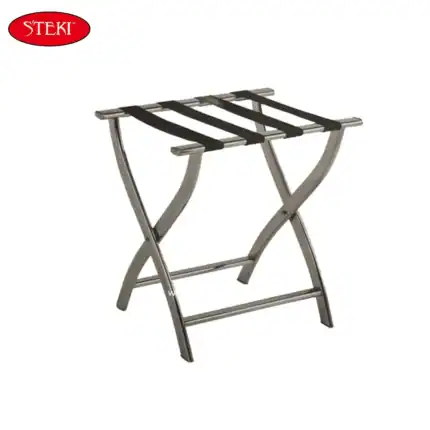 Stainless steel luggage rack for hotel or hospitality industry, durable travel accessory, modern design, lightweight, portable, easy to clean, suitable for guest rooms, commercial use, and hygiene standards.