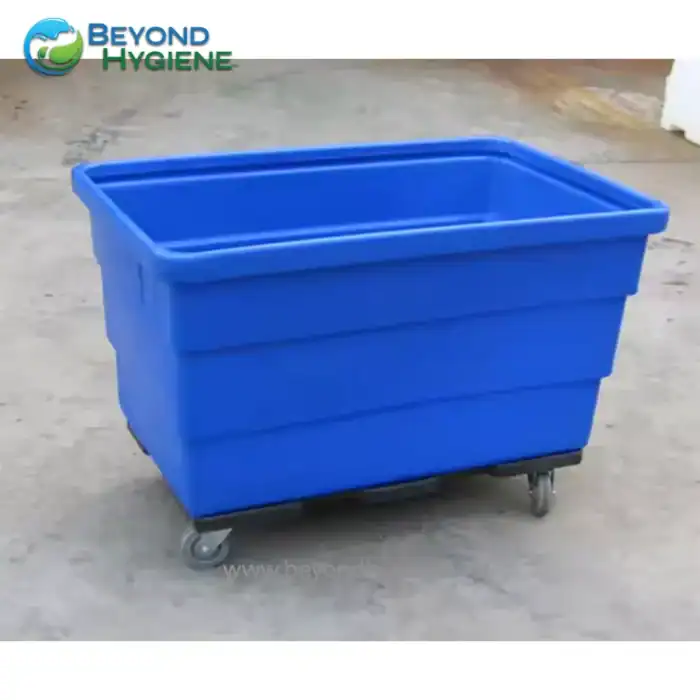 Blue industrial cleaning cart with wheels and handle, durable plastic multipurpose mobile cart for hygiene and sanitation use.