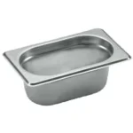 Stainless steel institutional food pan used in commercial kitchens and catering for food storage and service.