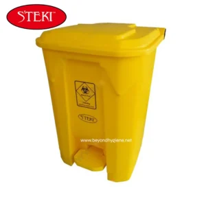 Biohazard waste disposal bin yellow, safety yellow waste container for biohazard waste in healthcare or laboratory settings. Medical waste disposal, hygiene safety, and infection control.
