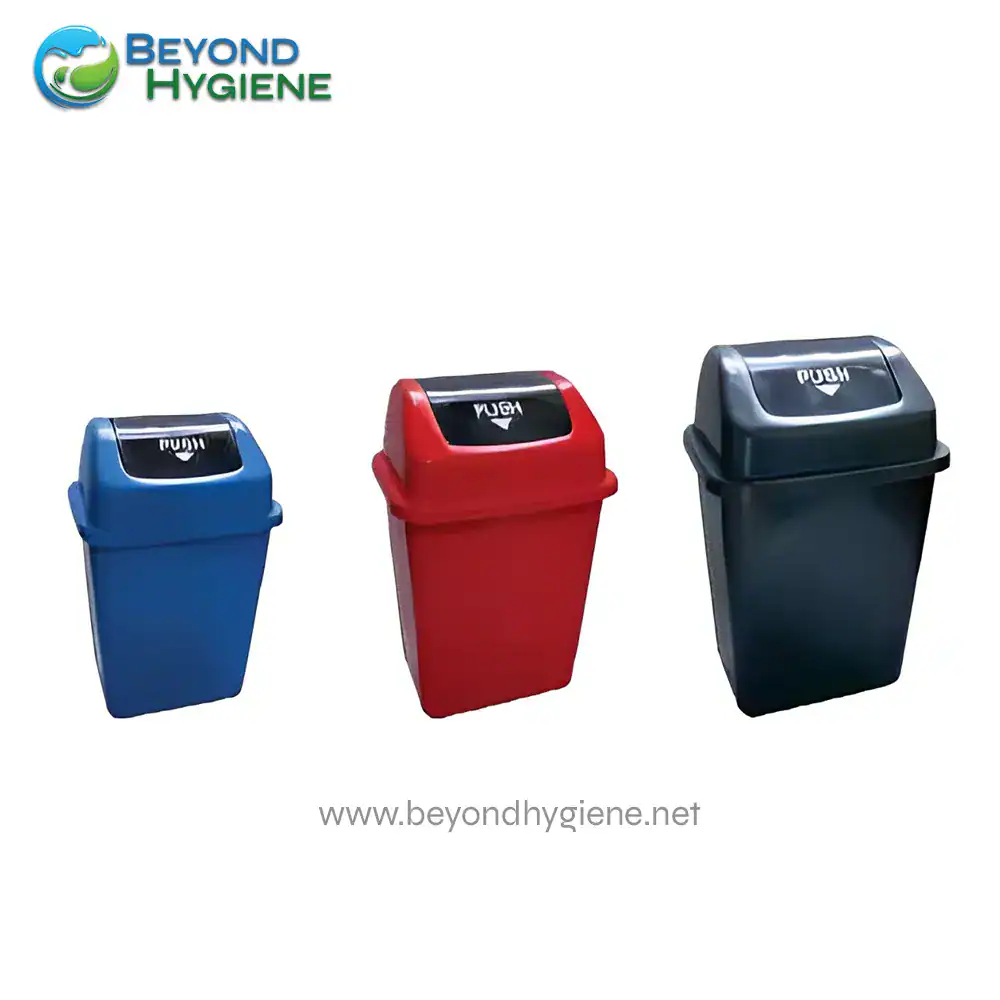 Blue, red, and black trash bins for waste disposal from Beyond Hygiene Asia, ideal for maintaining cleanliness and hygiene in commercial and public spaces.