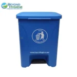 Blue recycling bin for waste disposal with Beyond Hygiene branding and no hot ashes or liquids warning.