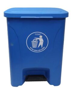 Blue waste bin with "No Ashes and Liquids" sticker, for safe disposal, biodegradable trash container, hygiene equipment.