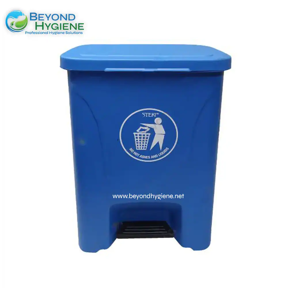 UGA-YYD064-BLUE Blue recycling bin for waste disposal with Beyond Hygiene branding and no hot ashes or liquids warning.