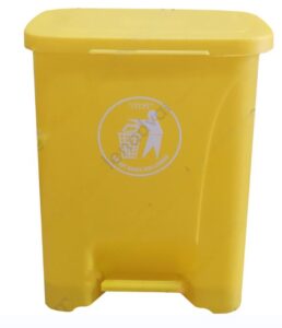 Yellow waste bin for hygiene disposal in Asia, hygienic waste container for sanitation and cleanliness, Beyond Hygiene Asia trash bin for medical and sanitary waste management, durable yellow hygiene waste receptacle designed for effective disposal, relevance for hospital, clinic, and public sanitation facilities.