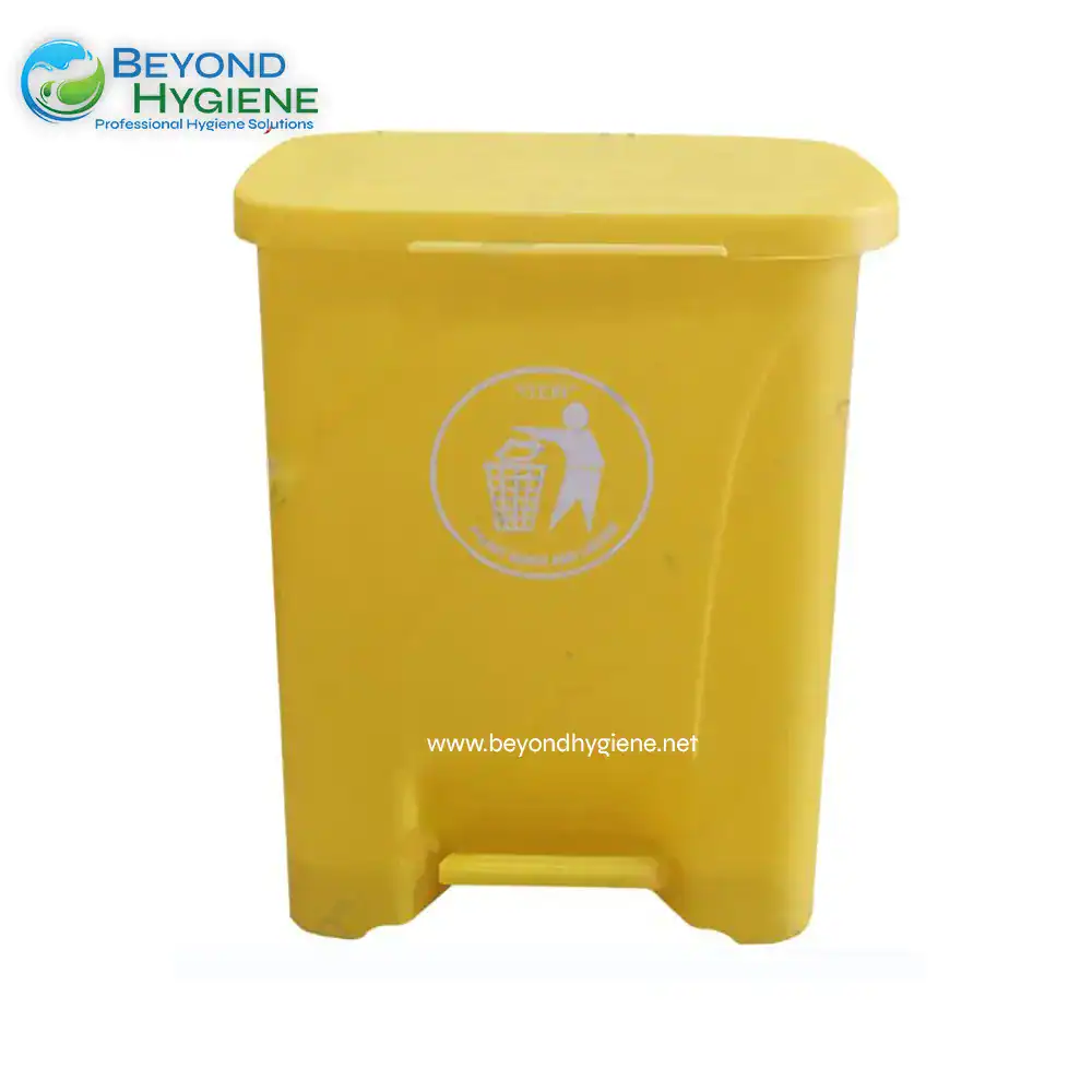 UGA-YYD064-YEL- Yellow waste bin for trash disposal used in hygiene and sanitation practices at Beyond Hygiene Asia.