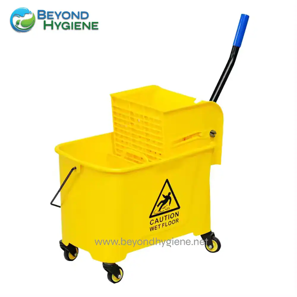 UGA068-1 Cleaning mop bucket with yellow color, mop and warning sign for wet floor, used in commercial cleaning, janitorial services, hygiene maintenance, Asia cleaning solutions, durable and mobile cleaning equipment.
