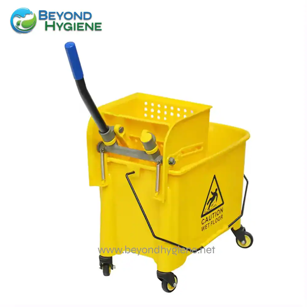 UGA068-3 Yellow janitorial mop bucket with wringer and casters, designed for commercial cleaning and hygiene safety.