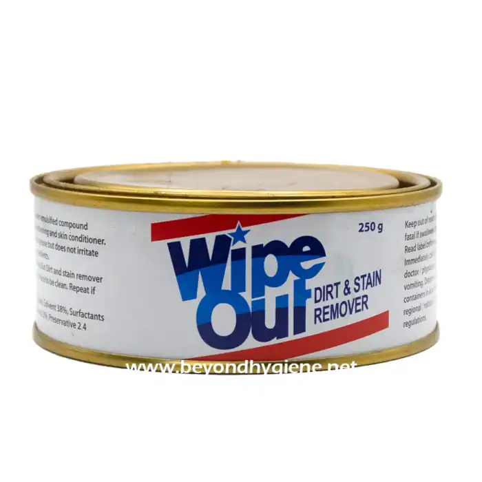 Wipe Out Dirt & Stain Remover can in white with blue and red label, used for cleaning stains, bacteria, and dirt effectively. Suitable for use in hygiene and cleaning services in Asia.