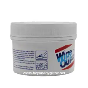 Wipe Out industrial cleaning wipe container for hygiene and stain removal.