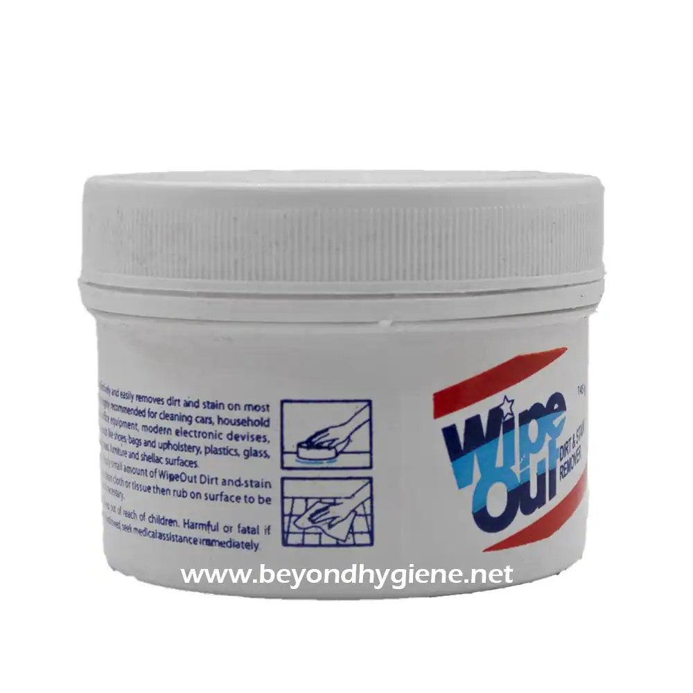 Wipe Out 145g 2 Wipe Out industrial cleaning wipe container for hygiene and stain removal.