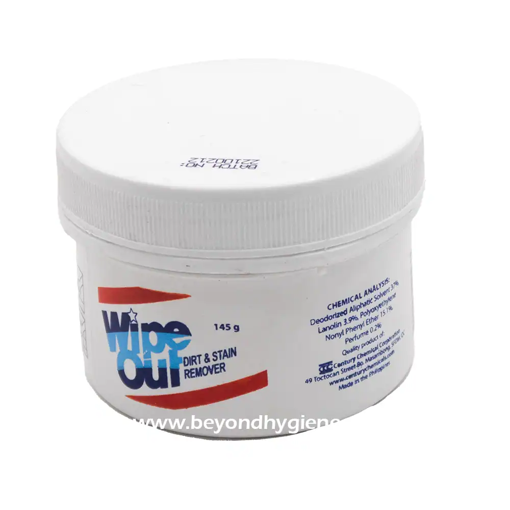 Wipe Out 145g 3 Wipe Out Dirt & Stain Remover container, cleaning product for hygiene and stain removal, ideal for professional cleaning, fast acting, suitable for various surfaces.