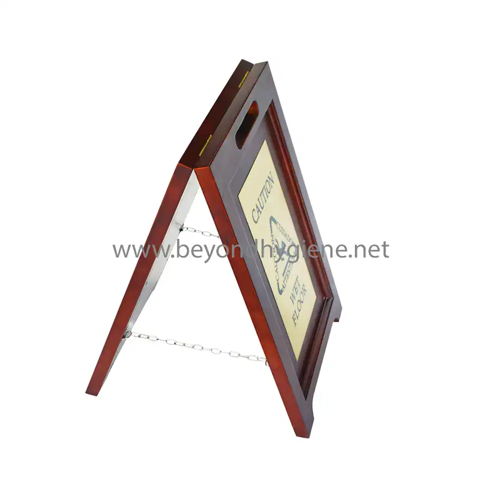 Wooden-wet-floor-caution-board-1259_2 Curbside A-Frame Signboard for Safety and Hygiene Compliance, Portable and Durable for Public Spaces.
