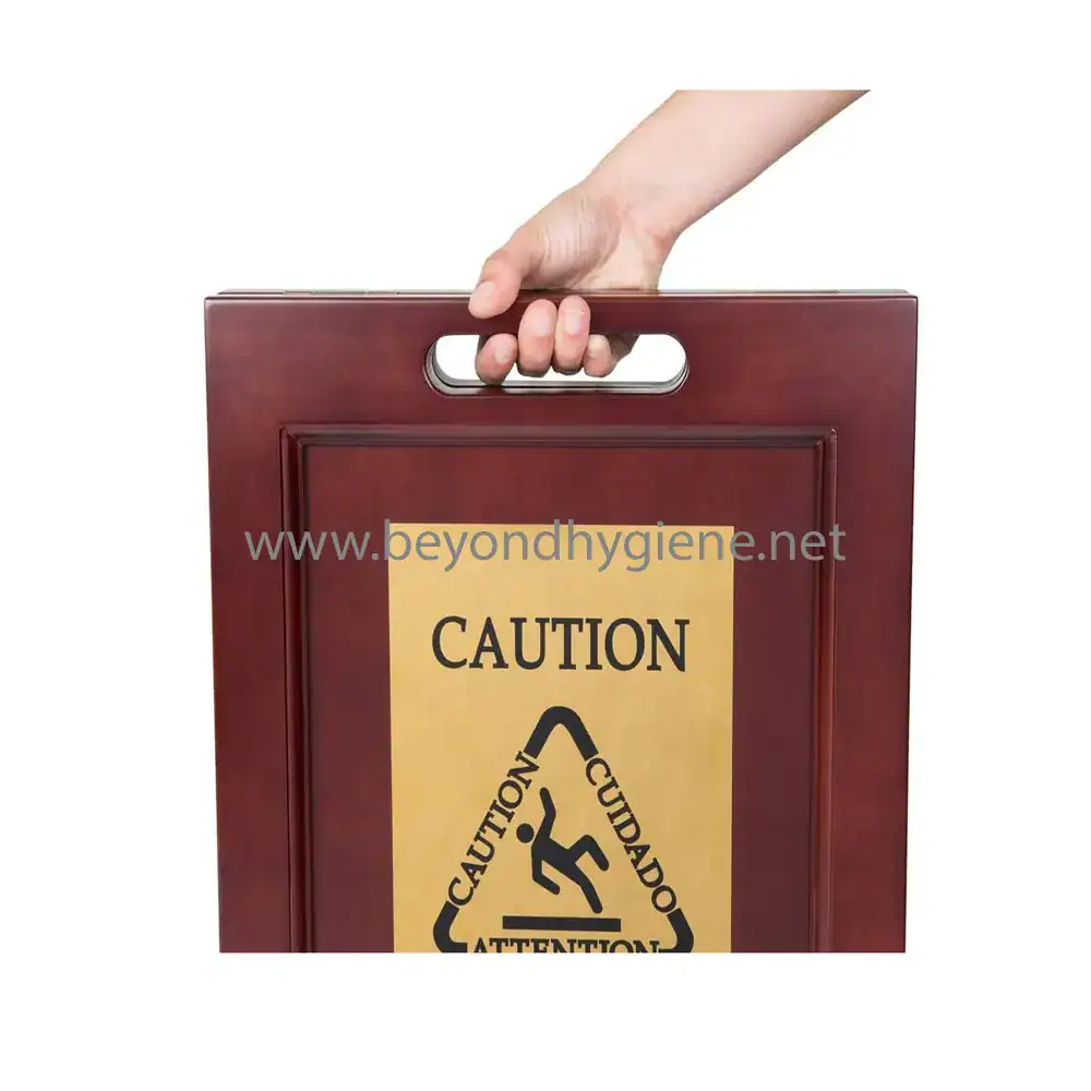 Wooden-wet-floor-caution-board_2 Caution fire safety door with hazard warning sign, used in commercial and industrial settings in Asia, emphasizing hygiene and safety protocols.