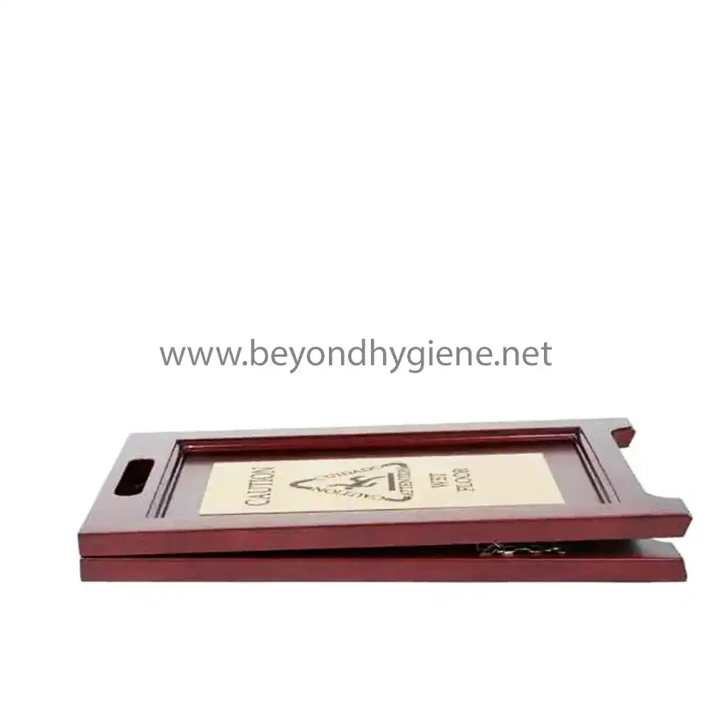 Wooden-wet-floor-caution-board_3 Protective cabinet for fire safety inspection tags for hygiene and safety compliance.