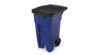 Heavy-duty blue waste bin with lid and wheels for commercial waste disposal, ideal for cleaning services and hygiene management in Asia.