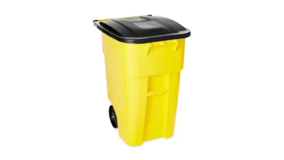 Yellow waste collection bin with black lid and wheels, ideal for waste management and sanitation solutions.