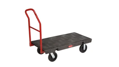 Heavy-duty platform trolley for commercial cleaning and logistics.