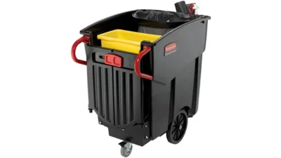 Heavy-duty cleaning caddy with mop bucket, yellow cleaning tools, and wheels for professional sanitation services at Beyond Hygiene Asia.