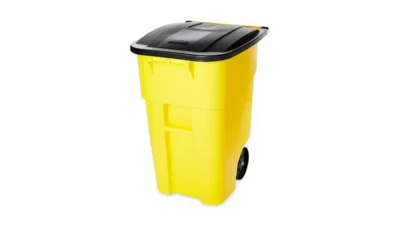 Yellow wheeled trash bin with black lid for waste management and sanitation solutions.
