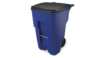 Heavy-duty blue waste bin with lid and wheels, ideal for commercial sanitation solutions.
