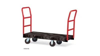 Heavy-duty platform trolley with red handlebars and four wheels, ideal for transporting goods efficiently. Suitable for warehouses and logistics operations to improve material handling.