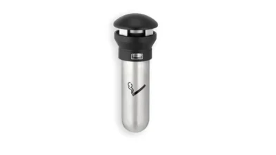 Stainless steel cigarette ashtray with lid, designed for outdoor and indoor smoking areas, promoting cleanliness and safety.