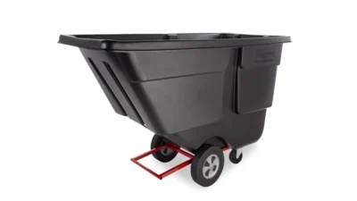 Heavy-duty industrial waste bin with wheels for easy mobility, ideal for commercial cleaning applications.