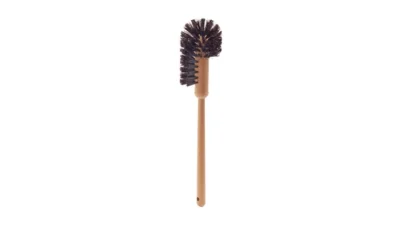 Stainless steel toilet brush with black bristles for hygienic cleaning and maintenance.
